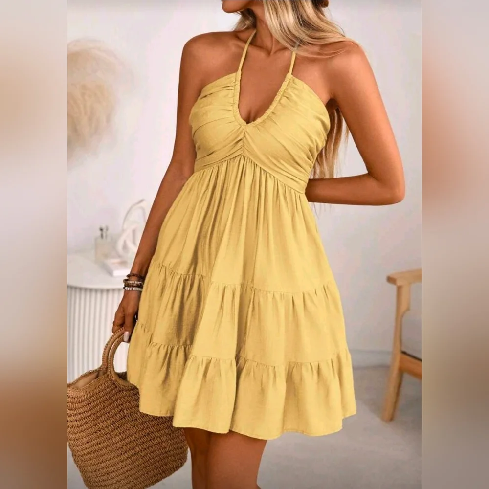 New Tie Halter Smocked Tiered Short Dress Yellow